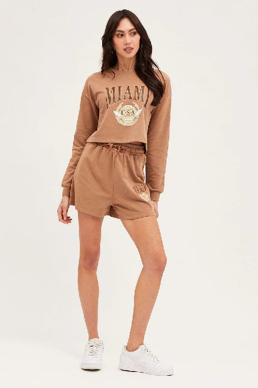 Brown Sweatshirts Crop Cotton