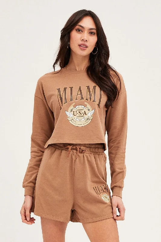 Brown Sweatshirts Crop Cotton