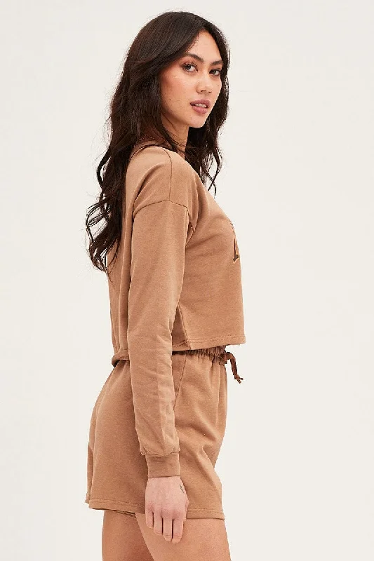 Brown Sweatshirts Crop Cotton