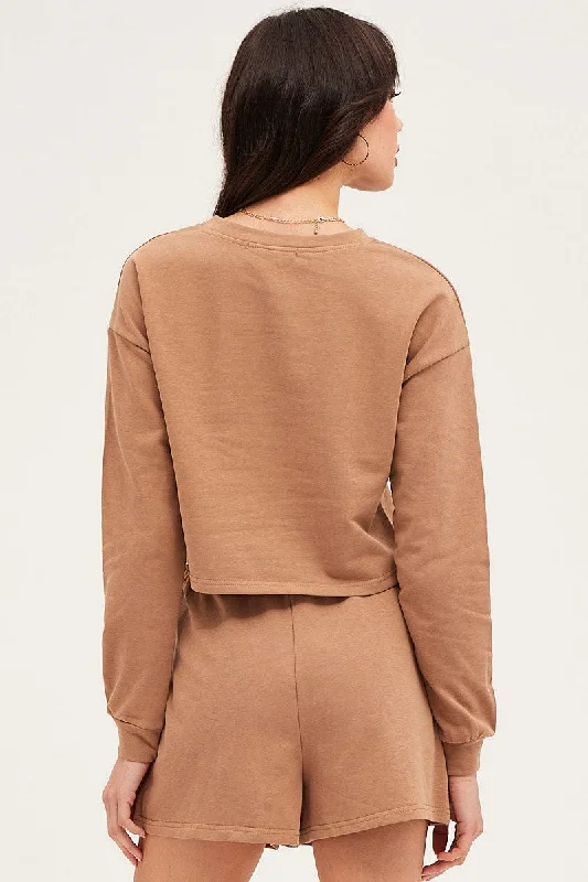 Brown Sweatshirts Crop Cotton