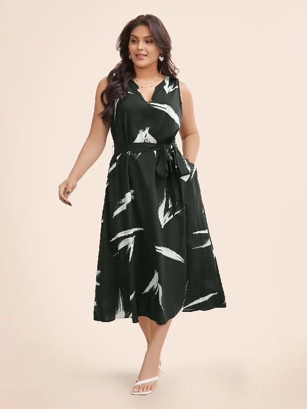 Brush Print Notched Belted Tank Dress