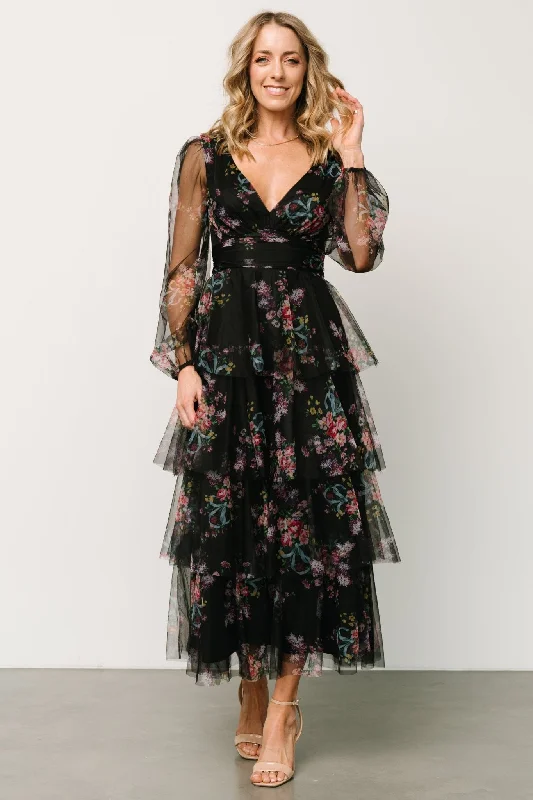 Carolina Tulle Tiered Maxi Dress | Black Floral