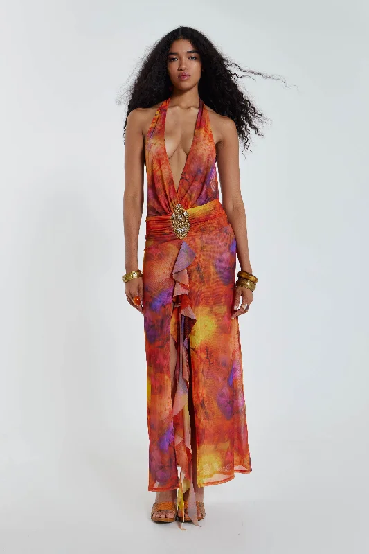 Cindy Plunge Maxi Dress In Orange