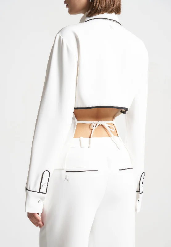 Contrast Piped Backless Tie Shirt  - White/Black