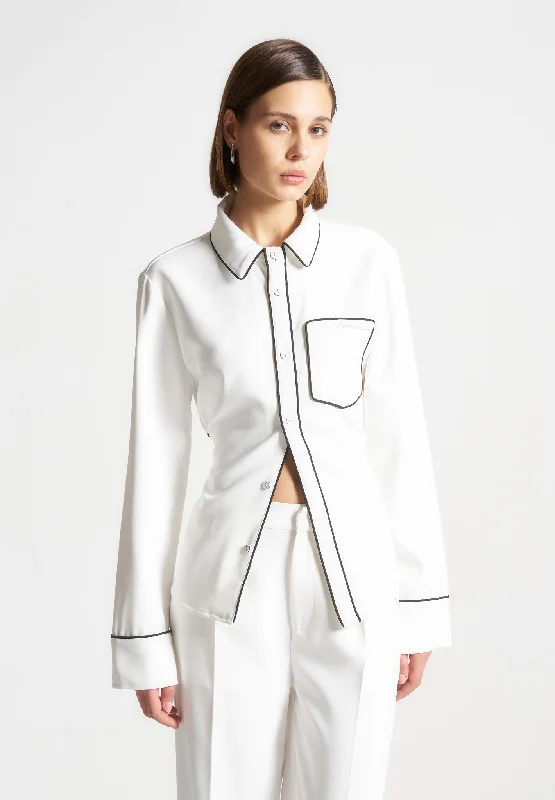 Contrast Piped Backless Tie Shirt  - White/Black