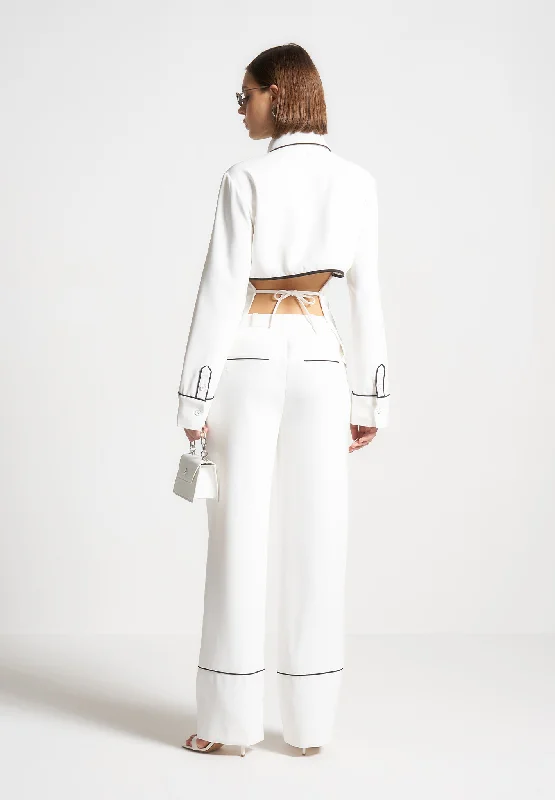 Contrast Piped Backless Tie Shirt  - White/Black