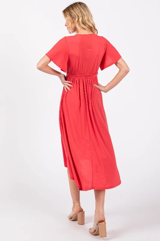 Coral Flutter Sleeve Waist Tie Nursing Dress