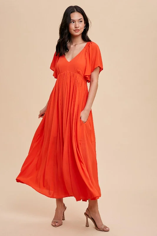 Coral V-Neck Flutter Short Sleeve Midi Dress