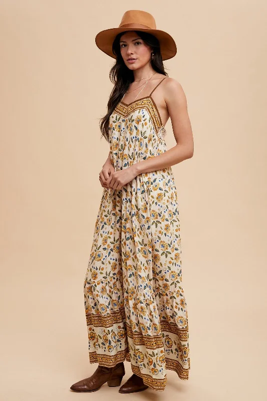 Cream Floral Border Print Lace Up Back Maxi Dress