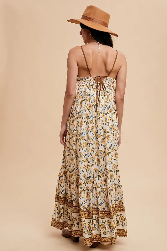 Cream Floral Border Print Lace Up Back Maxi Dress