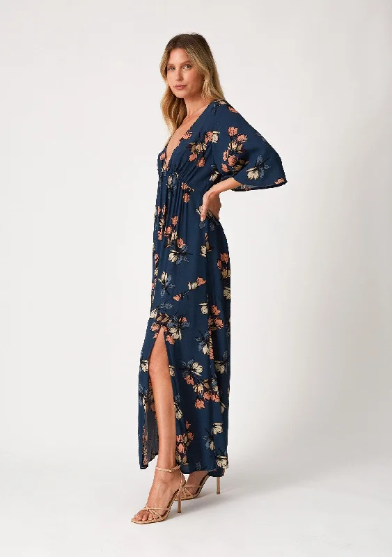 Dark Teal Floral Deep V-Neck Short Sleeve Front Slit Maxi Dress