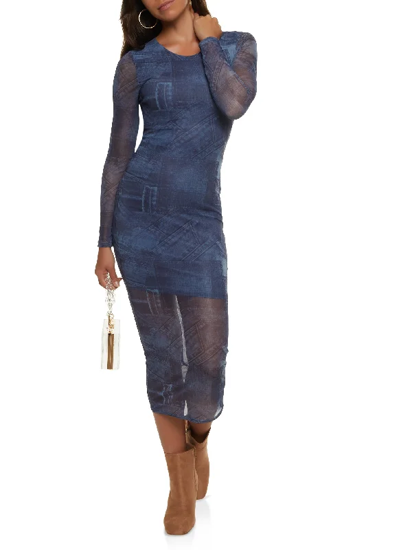 Printed Mesh Bodycon Dress