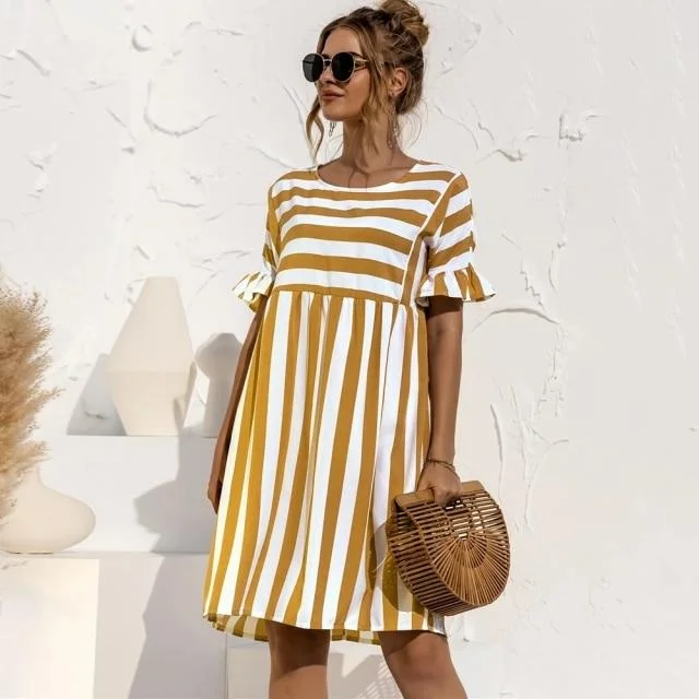 Elegant Ruffle Sleeve Striped Patchwork Dresses