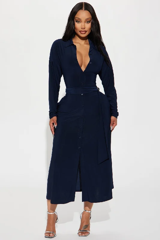 Elena Button Up Midi Dress - Navy