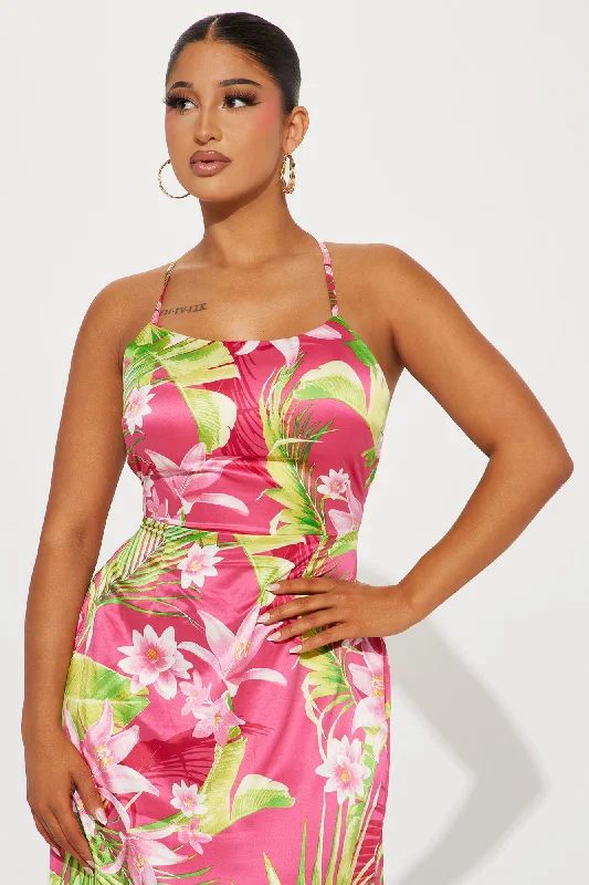 Erin Satin Tropical Maxi Dress - Fuchsia