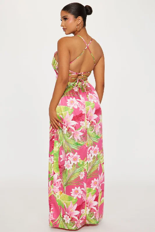 Erin Satin Tropical Maxi Dress - Fuchsia