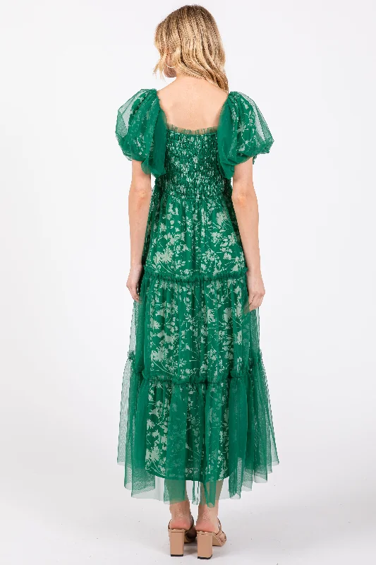 Forest Green Floral Lined Smocked Tulle Midi Dress