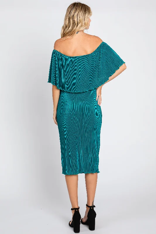 Forest Green Pleated Rib Off Shoulder Dress