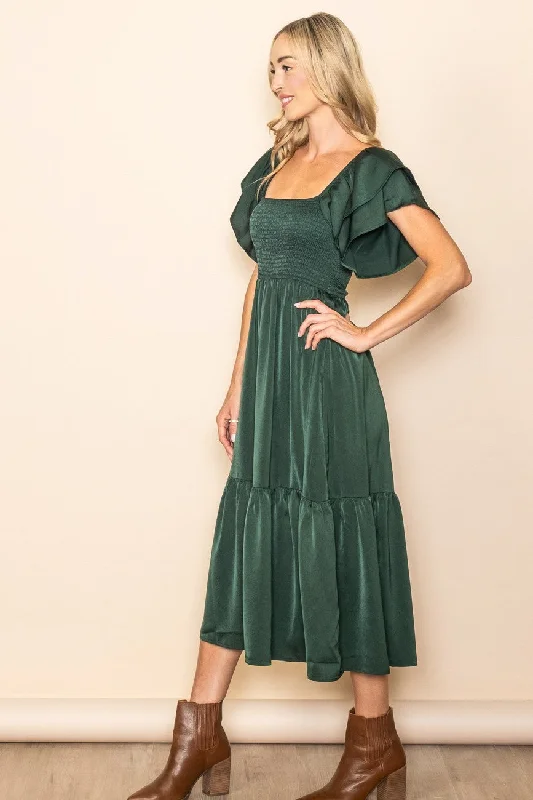 Forest Green Satin Flutter Sleeve Midi Dress