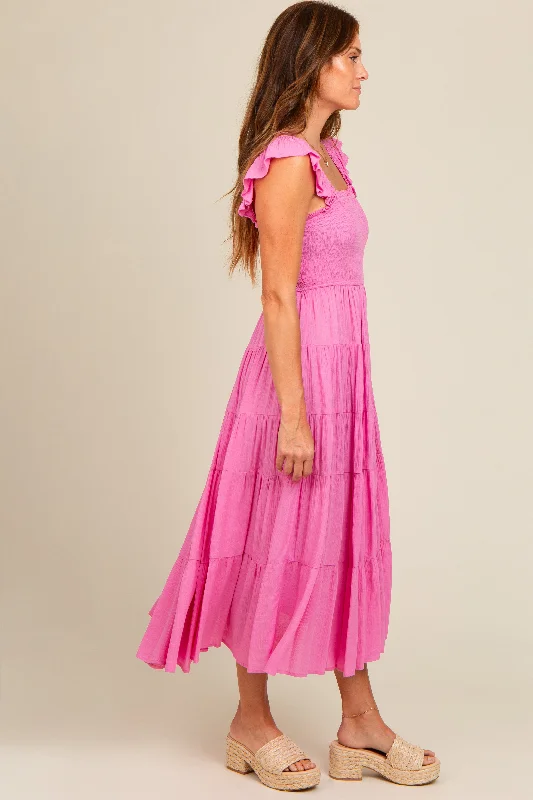 Fuchsia Smocked Tiered Ruffle Strap Midi Dress