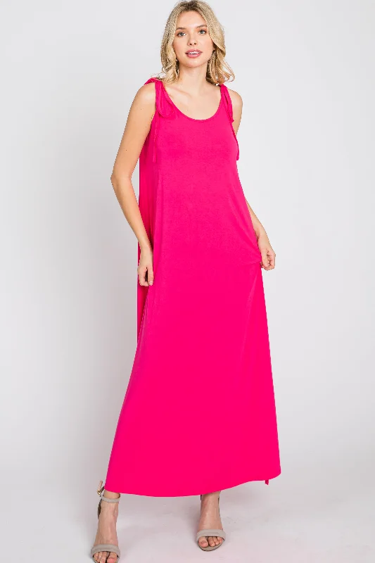 Fuchsia Tie Strap Side Slit Maxi Dress