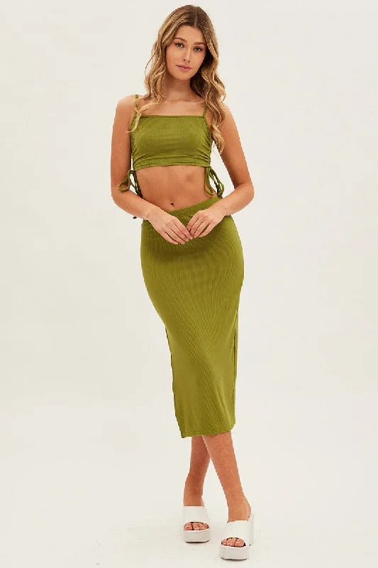 Green Crop Top Drawstring Side Detail Straight Neck