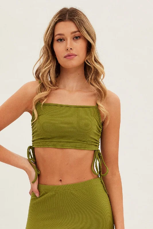 Green Crop Top Drawstring Side Detail Straight Neck