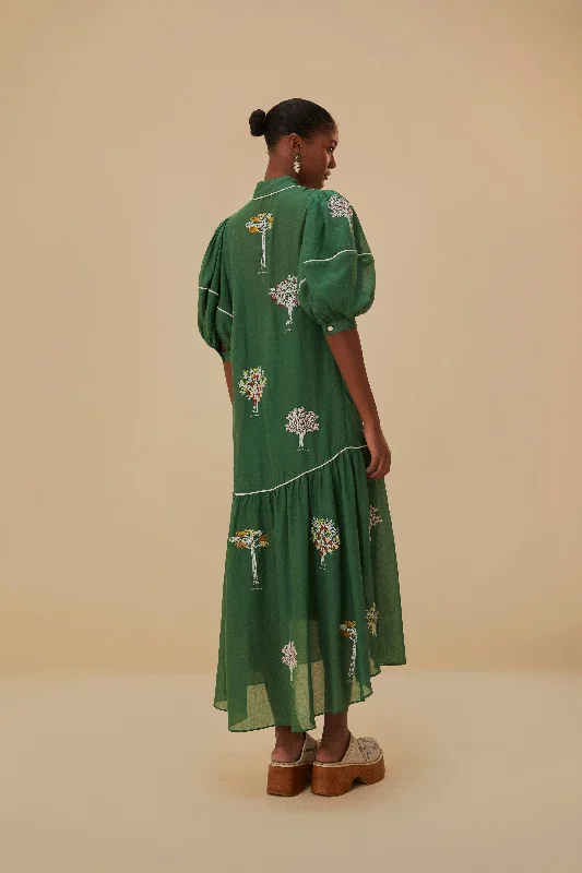 Green Embroidered Trees Organic Cotton Midi Dress