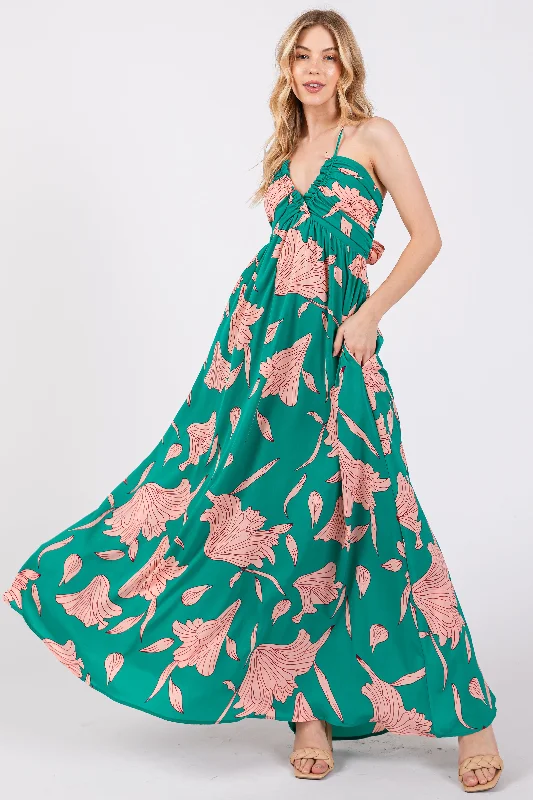 Green Floral Chiffon Front Ruched Halter Maxi Dress