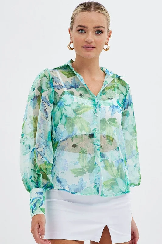 Green Floral Long Sleeve Shirt Chiffon Collared