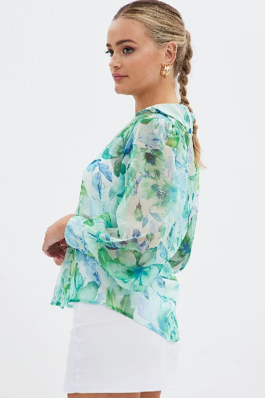 Green Floral Long Sleeve Shirt Chiffon Collared