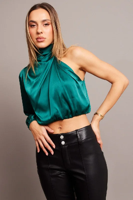 Green High Neck Blouse One Sleeve Asymmetric Top