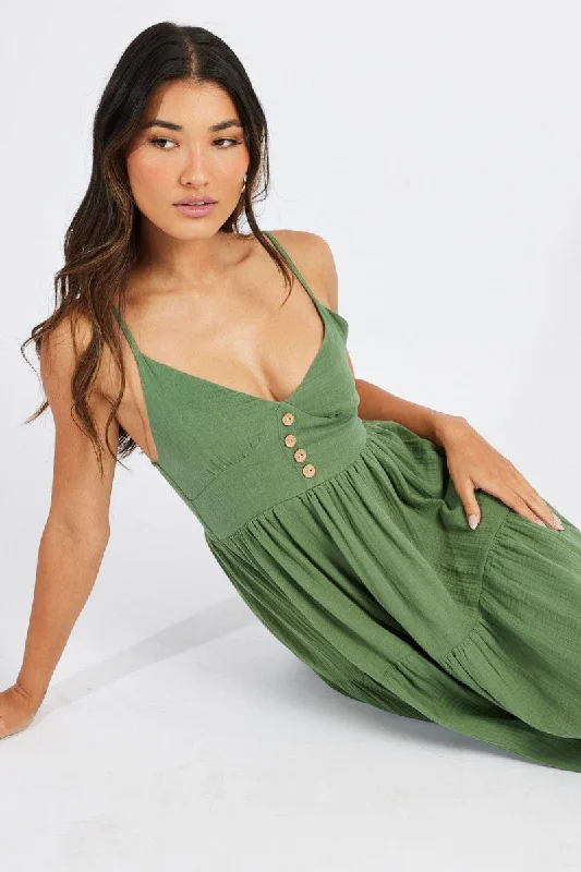 Green Midi Dress Sleeveless V-Neck