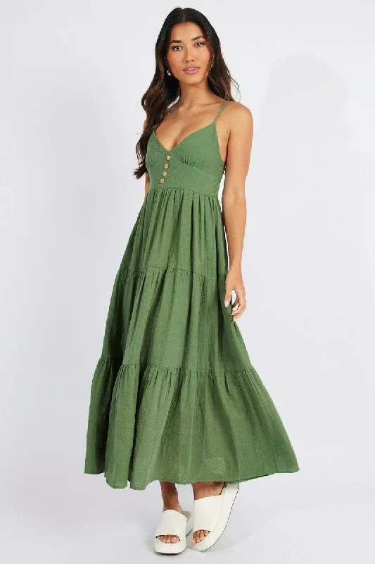 Green Midi Dress Sleeveless V-Neck