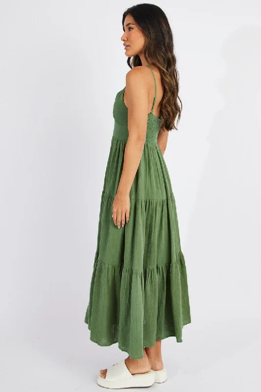 Green Midi Dress Sleeveless V-Neck