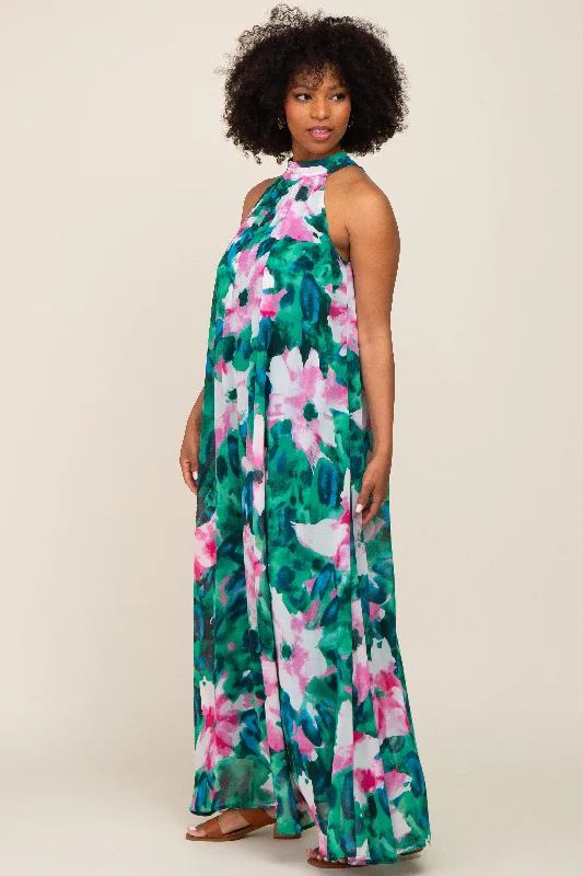 Green Multi-Color Halter Maxi Dress