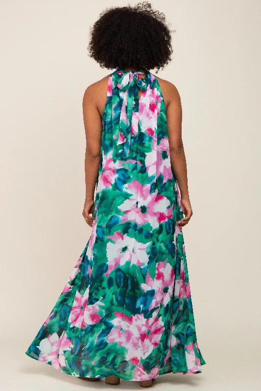 Green Multi-Color Halter Maxi Dress