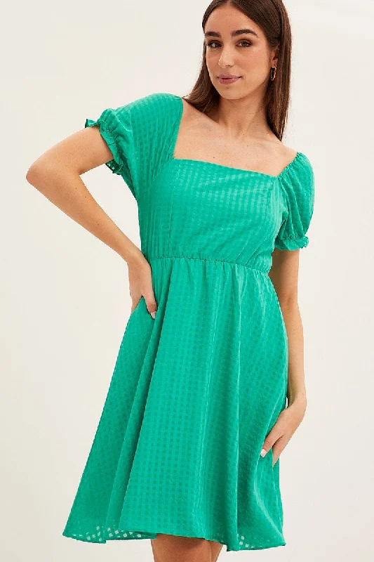 Green Square Neck Puff Sleeve Skater Dress