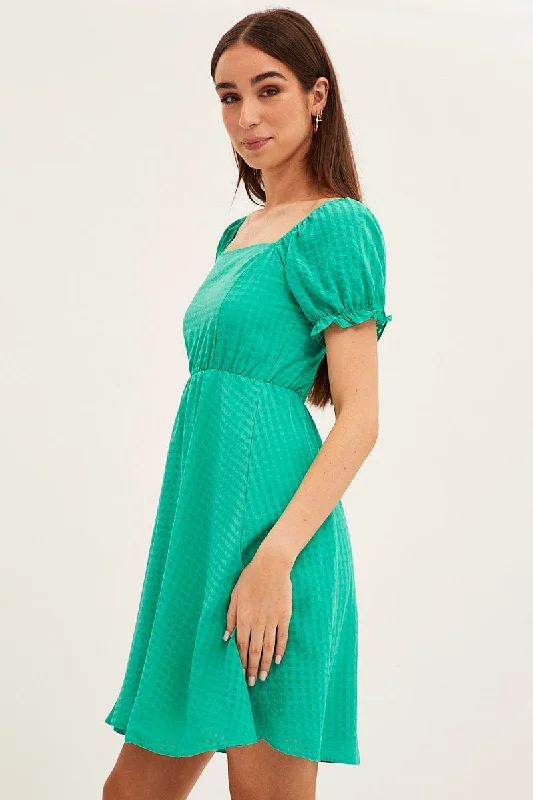 Green Square Neck Puff Sleeve Skater Dress