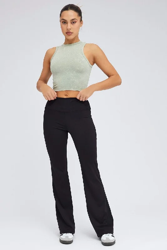 Green Tank Top Crew Neck Washed Seamless