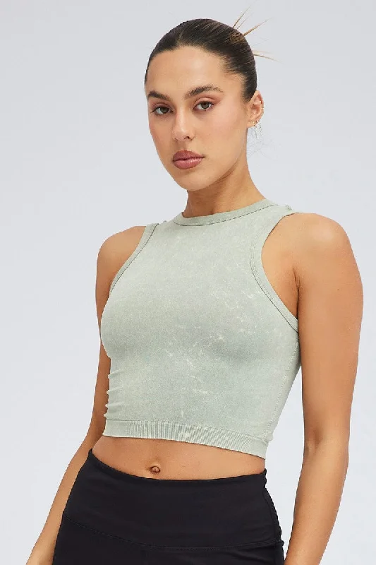 Green Tank Top Crew Neck Washed Seamless