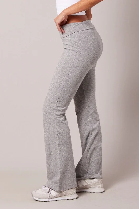 Grey Leggings Mid Rise Fold Over Waist Flared Leg