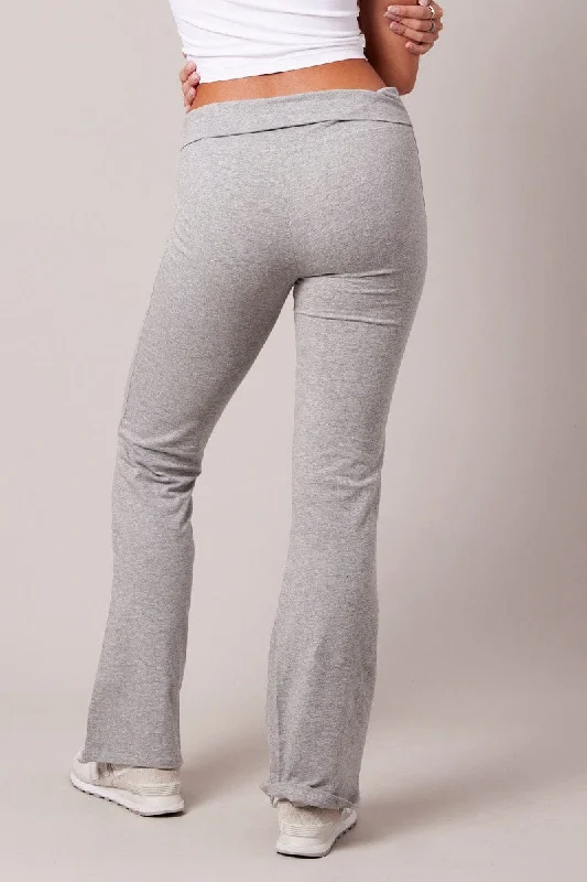 Grey Leggings Mid Rise Fold Over Waist Flared Leg