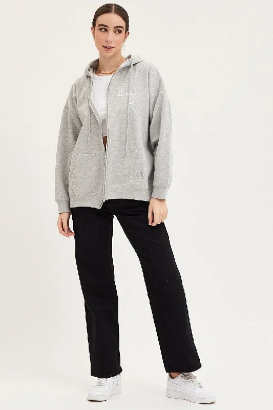 Grey Zip Front Hoodie Long Sleeve