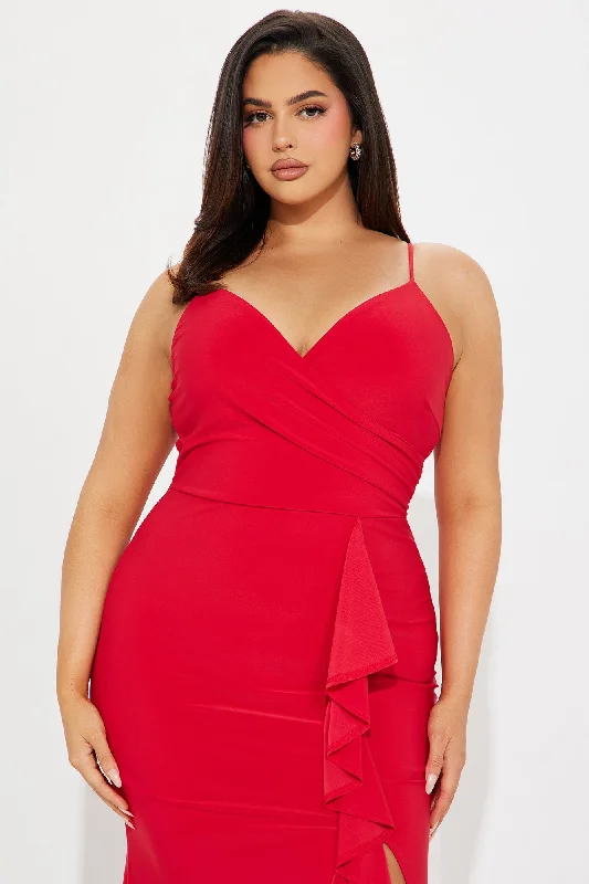 Hailey Ruffle Slit Gown - Red