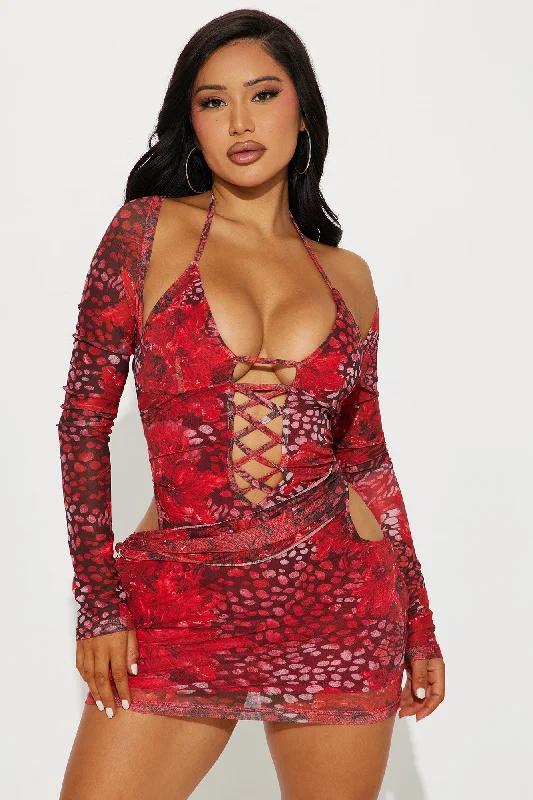 Heating Up Mesh Micro Mini Dress - Red