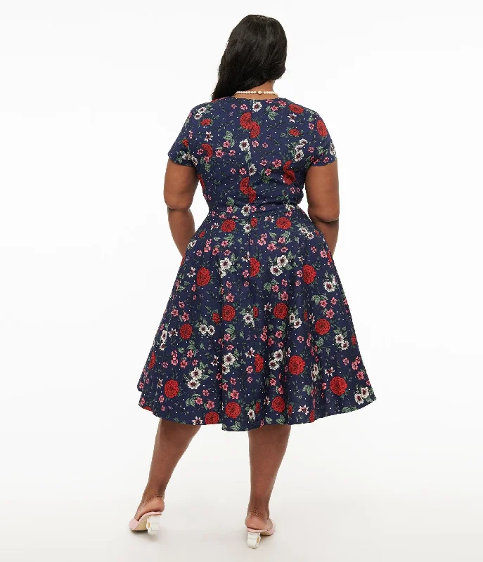 Hell Bunny Plus Size 1950s Navy Blue & Red Floral Camellia Midi Dress