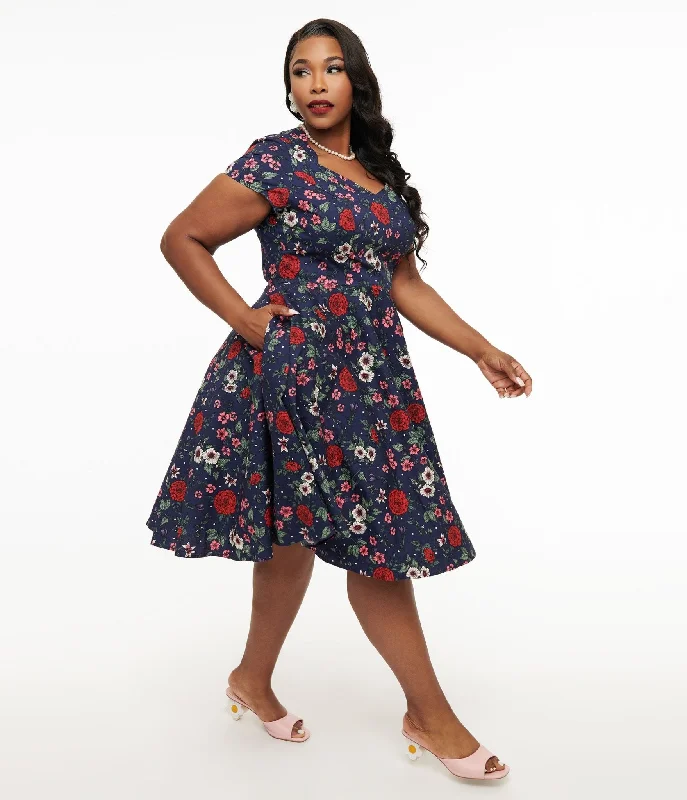 Hell Bunny Plus Size 1950s Navy Blue & Red Floral Camellia Midi Dress