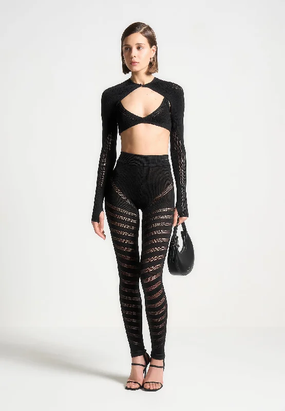 High Waisted Knitted Spiral Contour Leggings - Black