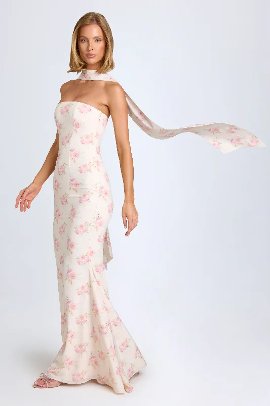 Scarf-Detail Strapless Gown in Large Rose Print